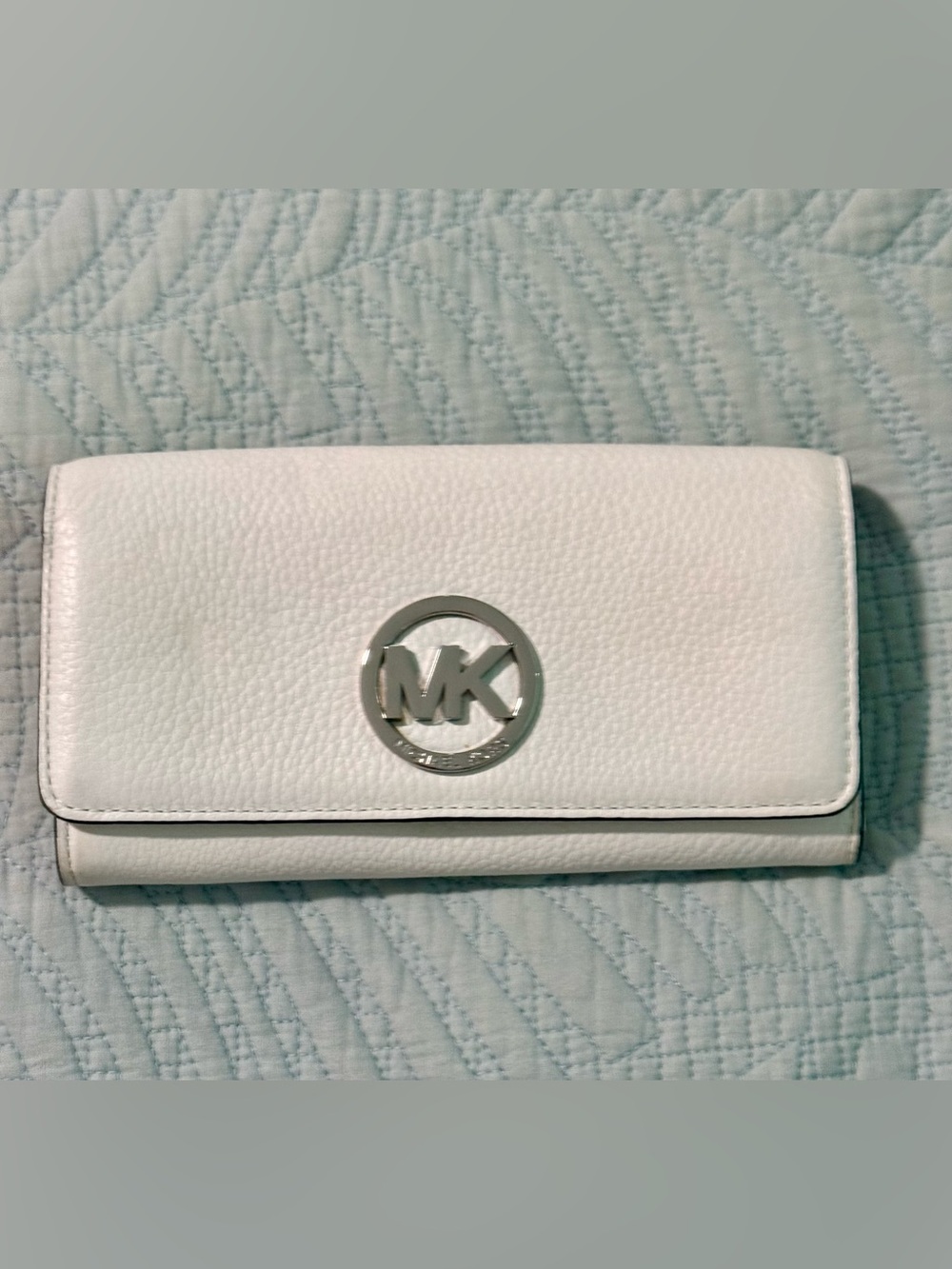 Michael Kors White Pebbled Leather Continental Wallet with Silver MK Emblem,